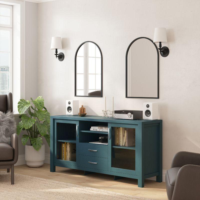 Teal Engineered Wood Buffet Sideboard with Glass Doors and Drawers