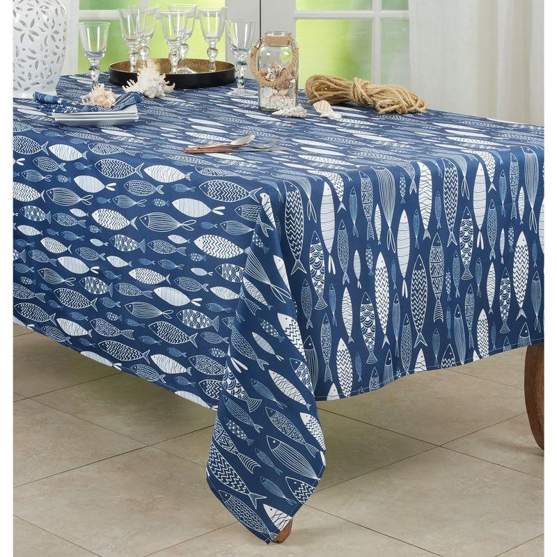 Navy Blue Fish Print Fabric Tablecloth