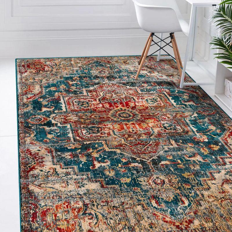 Elegant Blue Synthetic 5' x 7' Oriental Easy-Care Rug