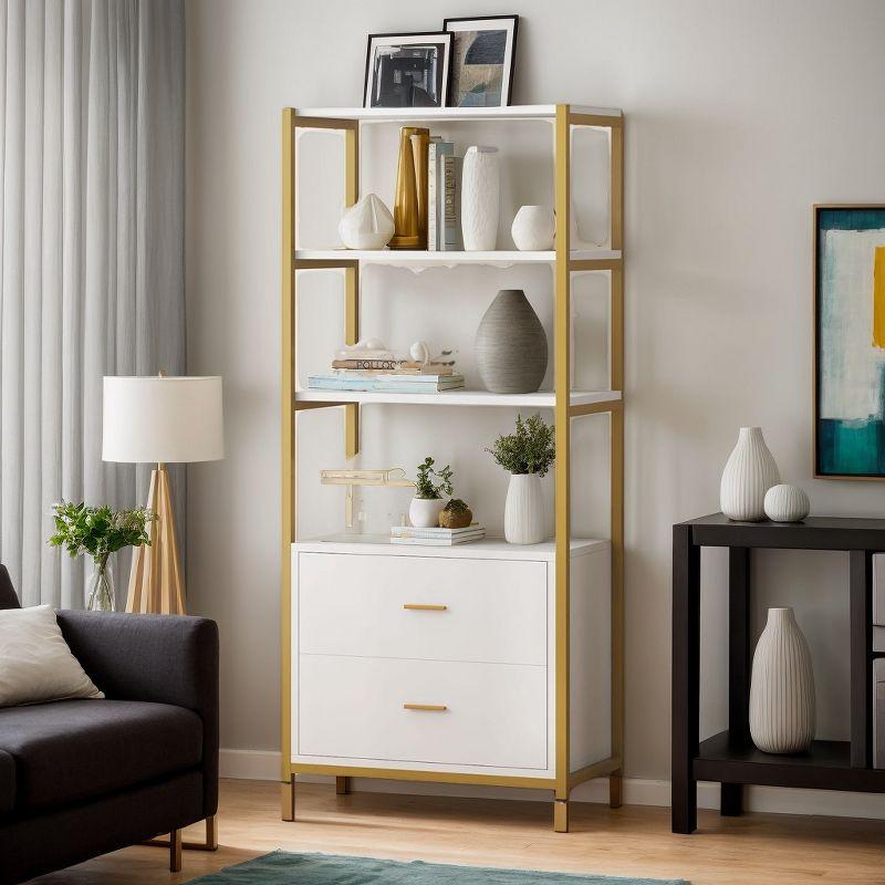 Tribesigns 4-Tier Bookshelf with 2 Drawers White/Gold
