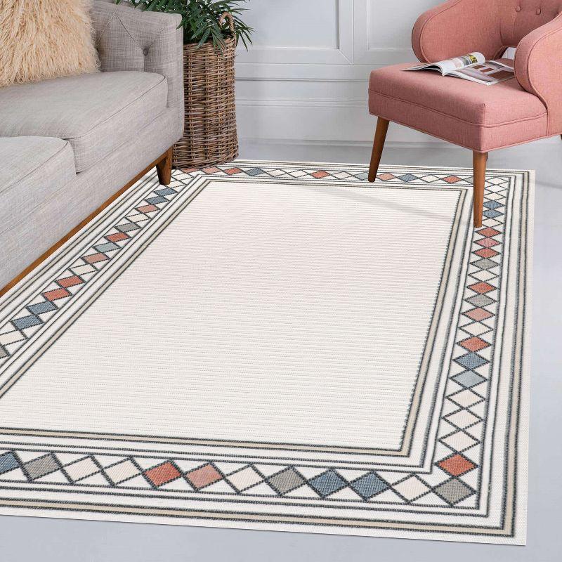 JONATHAN Y Sebastian High-Low Modern Diamond Border Ivory/Beige 3 ft. x 5 ft. Indoor/Outdoor Area Rug