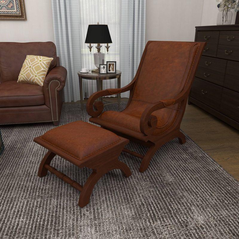 Traditional Teak Wood Accent Chair with Arms and Ottoman Brown - Olivia & May: Leather Upholstered, No Assembly Required