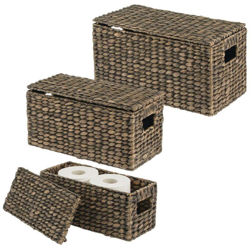 mDesign Woven Water Hyacinth Storage Basket, Lid/Handles, Set of 3