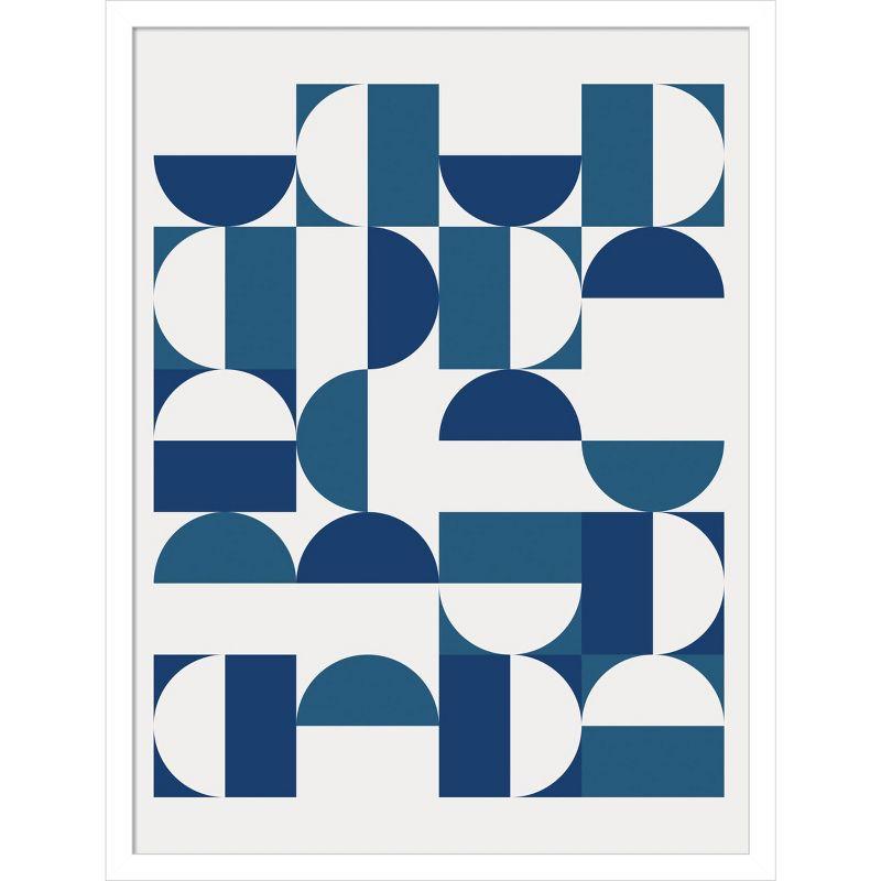 Blue and White Geometric Abstract Print in Maple Frame