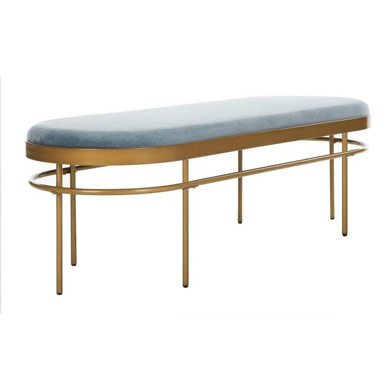 63'' Luxe Transitional Slate Blue Velvet and Gold Oval Bench