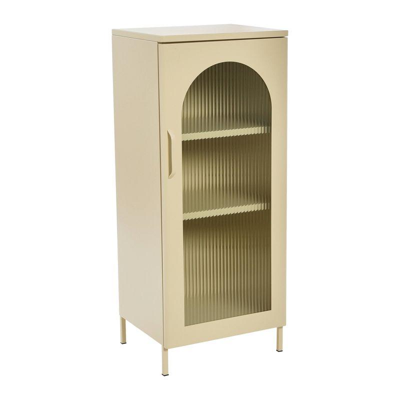 Storied Home Solstice Narrow Metal Accent Cabinet: Arched Glass, Off-White Display Storage