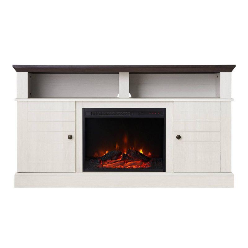 Eliana 60" White and Dark Oak Fireplace TV Stand with Cabinets