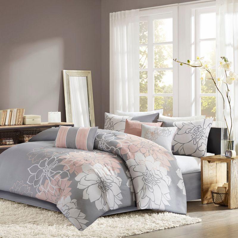 California King Gray and Blush Floral Cotton Comforter Set