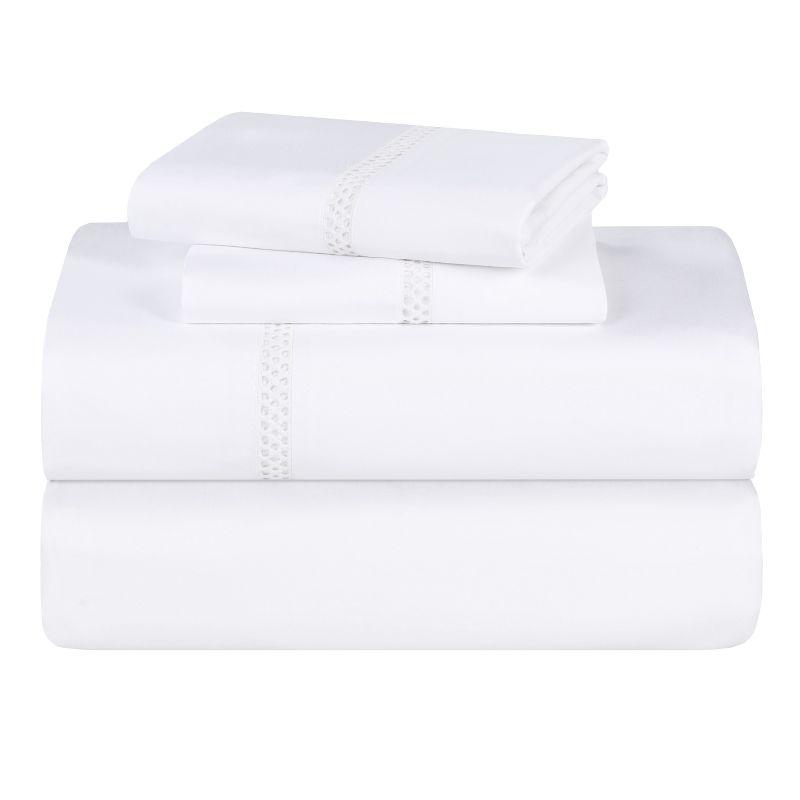 Cotton Cross-Stitch Embroidered Sheet Set, Twin Extra Long (XL), White-White - Blue Nile Mills