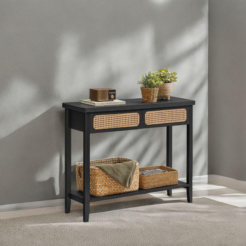 Ash Black Console Table in Boho Style. A Narrow Entryway Table with 2 Drawers and an Open Storage Shelf. for the Living Room.Sofa Table