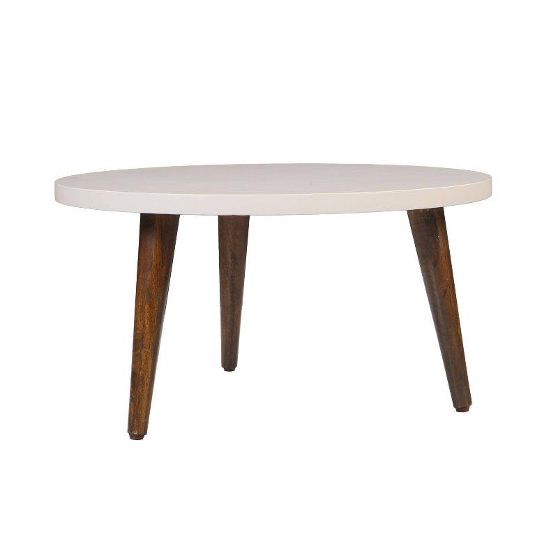 The Urban Port 24" Modern Coffee Table Round Off White Top Tapered Brown Mango Wood Legs Brown/White