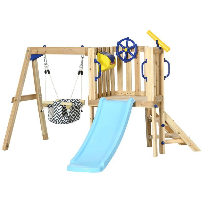 Outsunny Wooden Outdoor Playset with Baby Swing Seat, Toddler Slide, Wheel, Telescope, Backyard Playground Set, Kids Playground Equipment, Ages 1.5-4