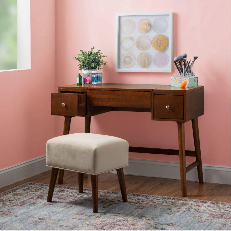 Viola Mid-Century Modern Flip-up Mirror 2 Drawer Vanity and Upholstered Stool Brown - Linon: Rubberwood, MDF, Lift-Top Storage