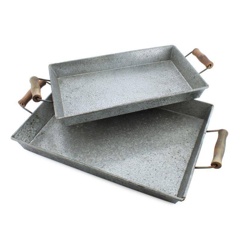 Silver Galvanized Rectangular Trays with Wooden Handles, Set of 2