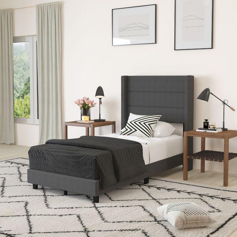 Merrick Lane Modern Platform Bed with Padded Channel Stitched Upholstered Wingback Headboard and Underbed Clearance