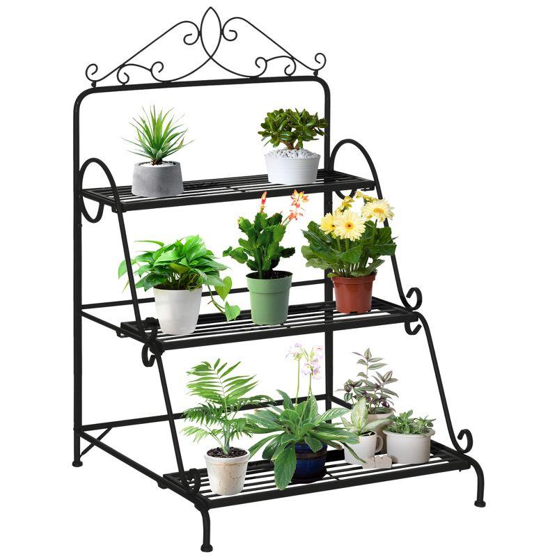 Outsunny Black 3-Tier Metal Plant Stand with Scrollwork