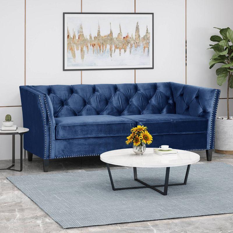 Midnight Blue Velvet Tufted 3-Seater Sofa with Nailhead Trim