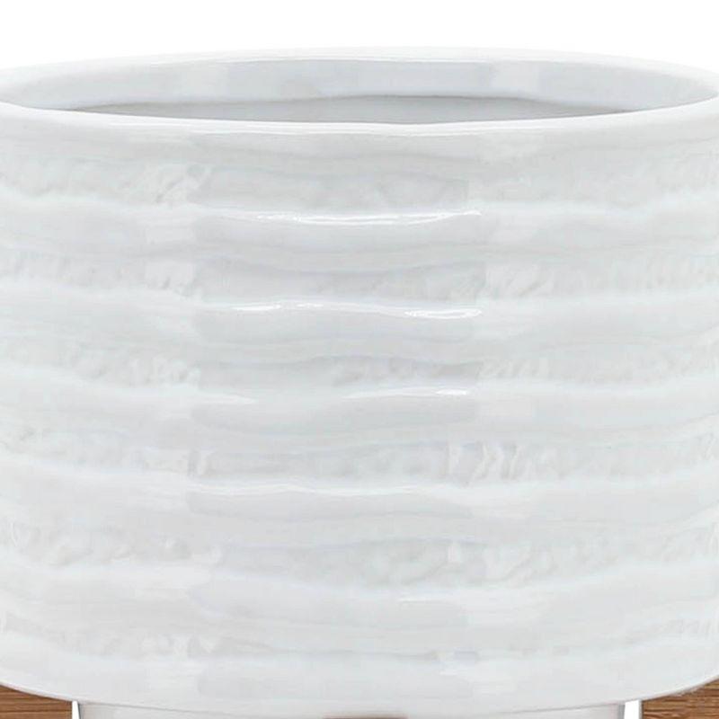 6" Ceramic Planter on Stand White Stripe - Sagebrook Home: Ridged, Wood Stand, Indoor/Outdoor Use