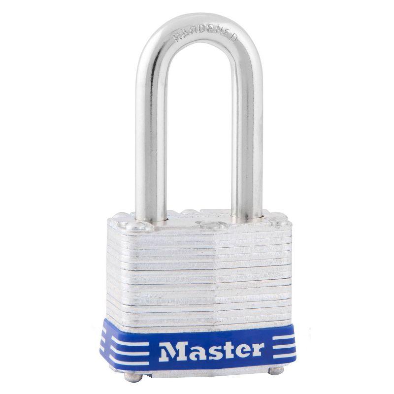 Master Lock Shackle 1 9/16" Key Padlock: Steel, Pin-Tumbler, Outdoor Gate Use, Automatic Locking, Silver, Storage Lock