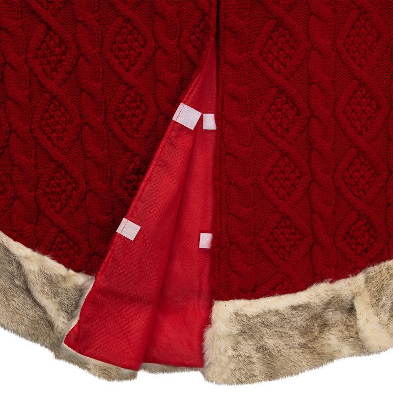 Cable Knit Christmas Tree Skirt With Faux Fur Trim- 48" - Red