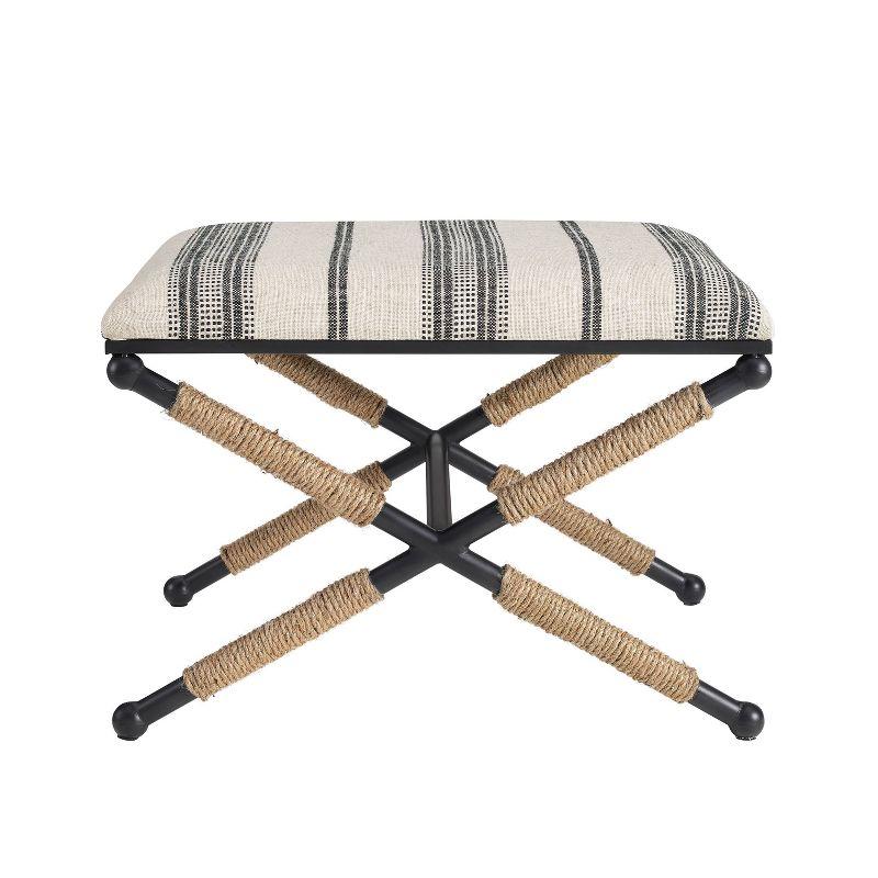 BoHo Black Stripe Cushioned Accent Stool with Rope-Wrapped Metal Legs