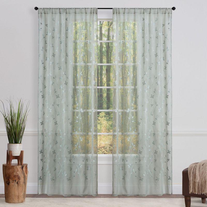 Sage Embroidered Vine Sheer Polyester Window Curtains, 52" x 96"