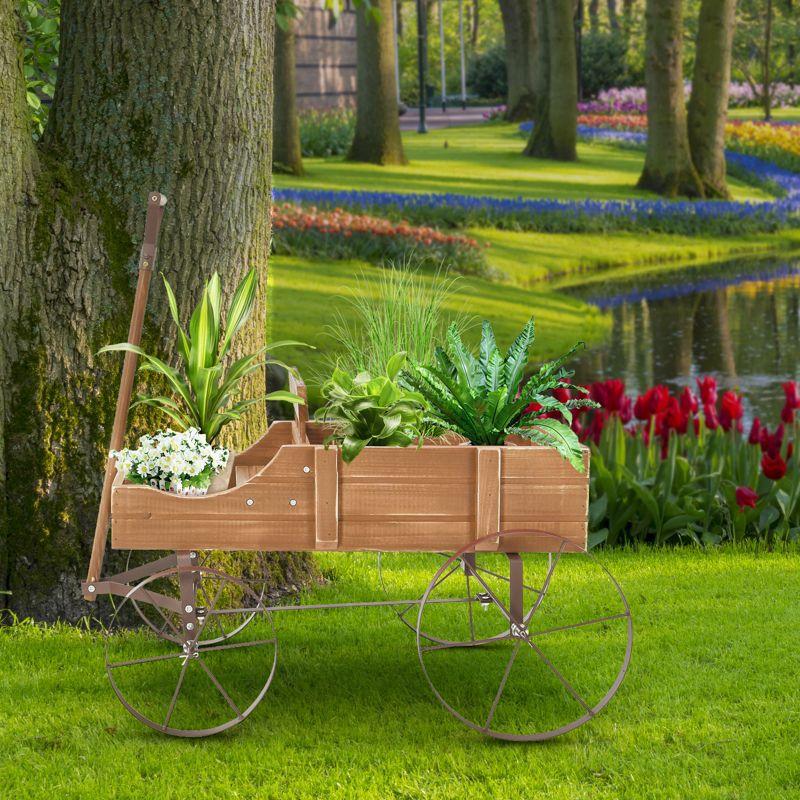 Tangkula Wooden Garden Flower Planter Wagon Wheel Plant Bed Decorative Garden Planter for Backyard Garden Brown