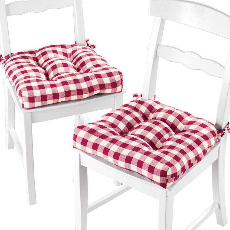 Burgundy Buffalo Check Tufted Chair Cushions, 16" x 15" x 3", Set of 2