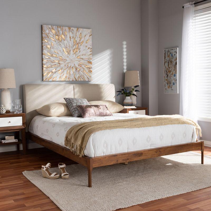 Mid-Century Modern Beige Upholstered Queen Bed with Oak Frame