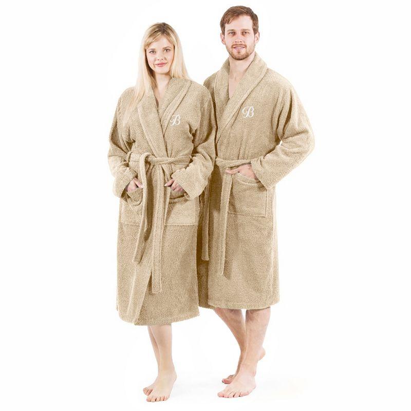 Linum Home Textiles 100% Turkish Cotton Unisex Personalized Terry Bathrobe Beige in White Script Font