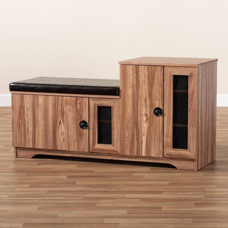 2 Door Valina Faux Leather Wood Shoe Storage Bench with Cabinet Brown - Baxton Studio: Engineered Oak Finish, 5 Shelves