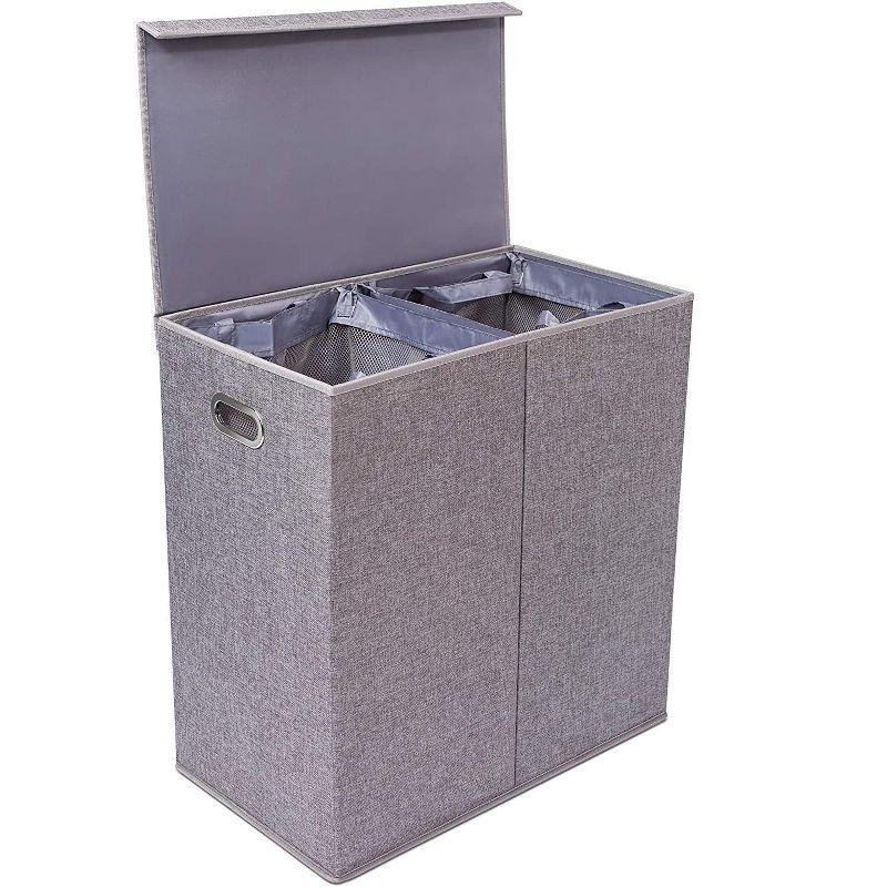 Double Gray Polyester Linen Collapsible Laundry Hamper with Lid