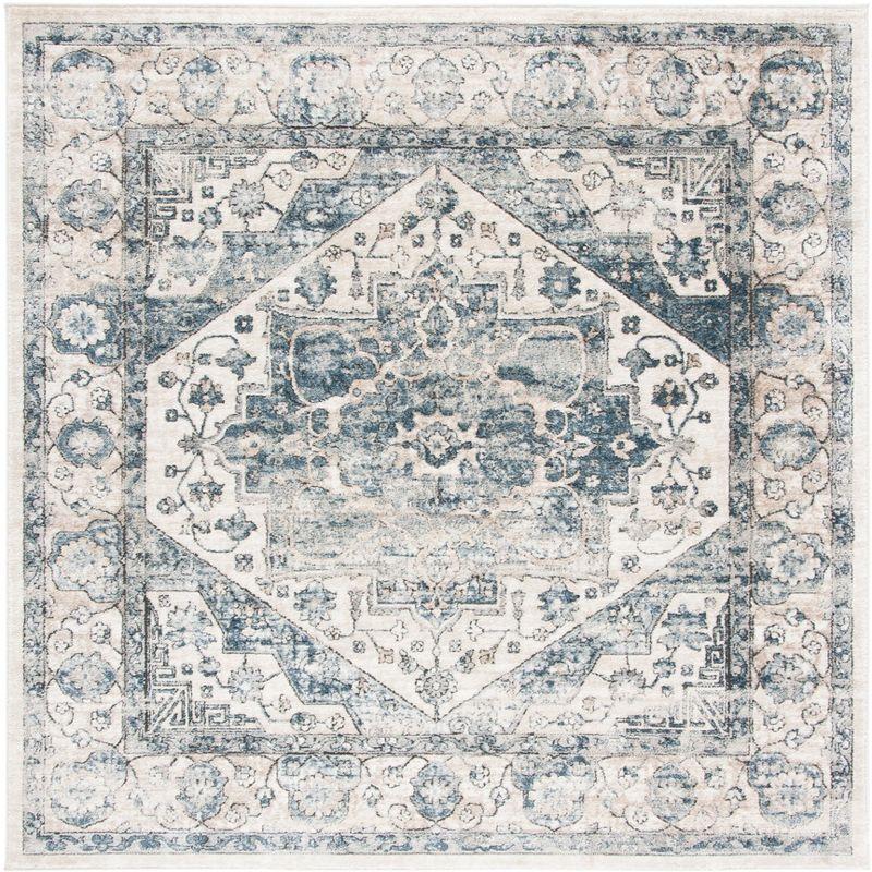 Ivory and Blue Synthetic Medallion Square Area Rug