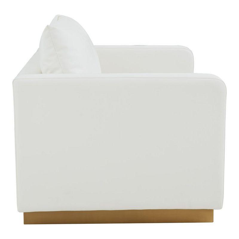 LeisureMod Nervo Mid-Century Modern Upholstered Faux Leather Loveseat with Gold Frame in White