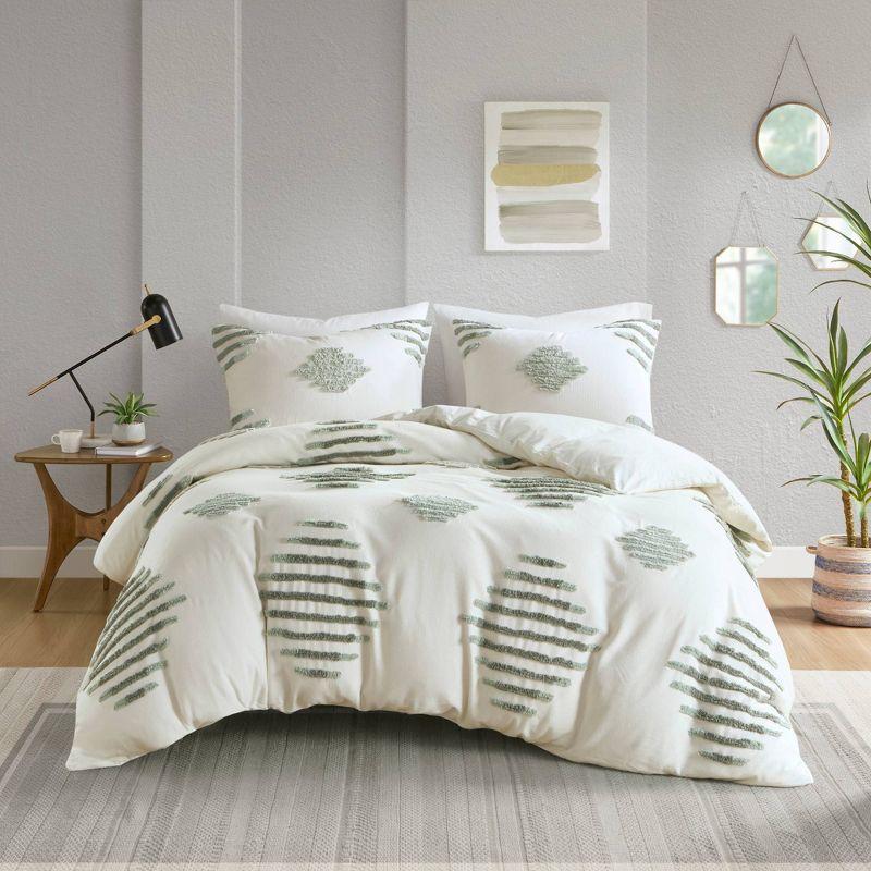 3pc Tahli Cotton Blend Chenille Duvet Cover Set Green/Ivory - Ink+Ivy