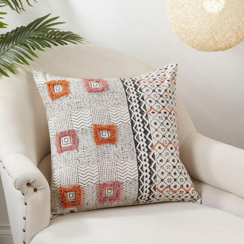 Square Embroidered Cotton Poly Filled Pillow, 22 in, Warm Tones