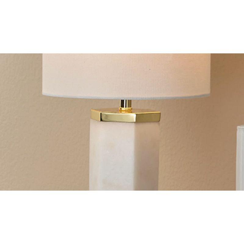 White Marble Table Lamp with Brass Accents and Linen Shade