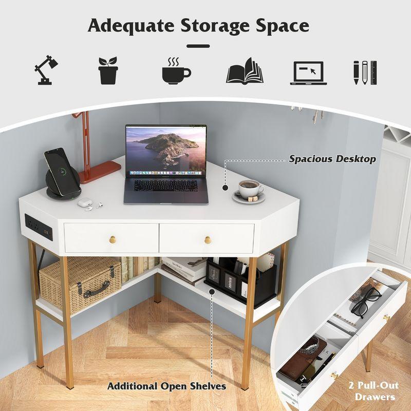 Costway Corner Desk with Built-in Charging Station Storage Drawers & Open Shelves Office White
