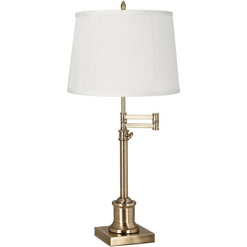 360 Lighting Swing Arm Desk Table Lamp 36" Tall Antique Brass Beige Fabric Drum Shade for Living Room Bedroom Bedside Office Family
