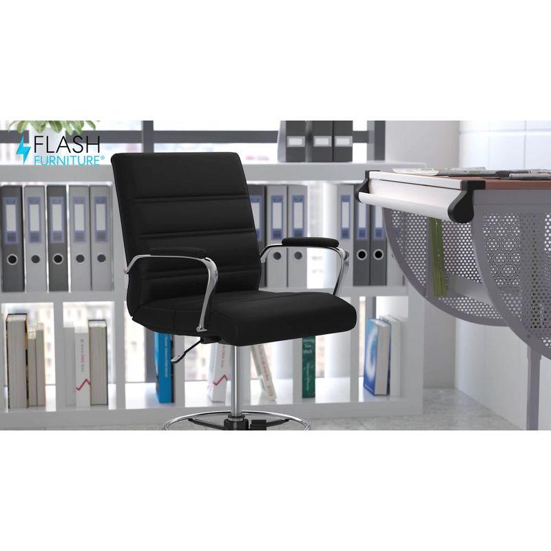 Mid-Back Black Leather Swivel Drafting Chair with Silver Frame