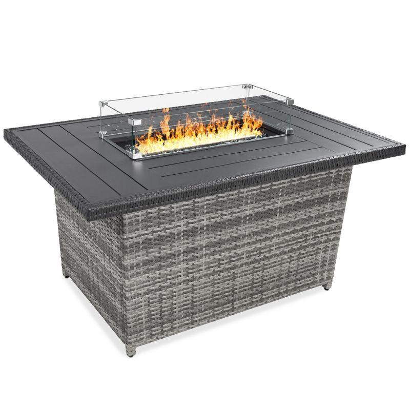 Gray Wicker Propane Gas Fire Pit Table with Glass Wind Guard