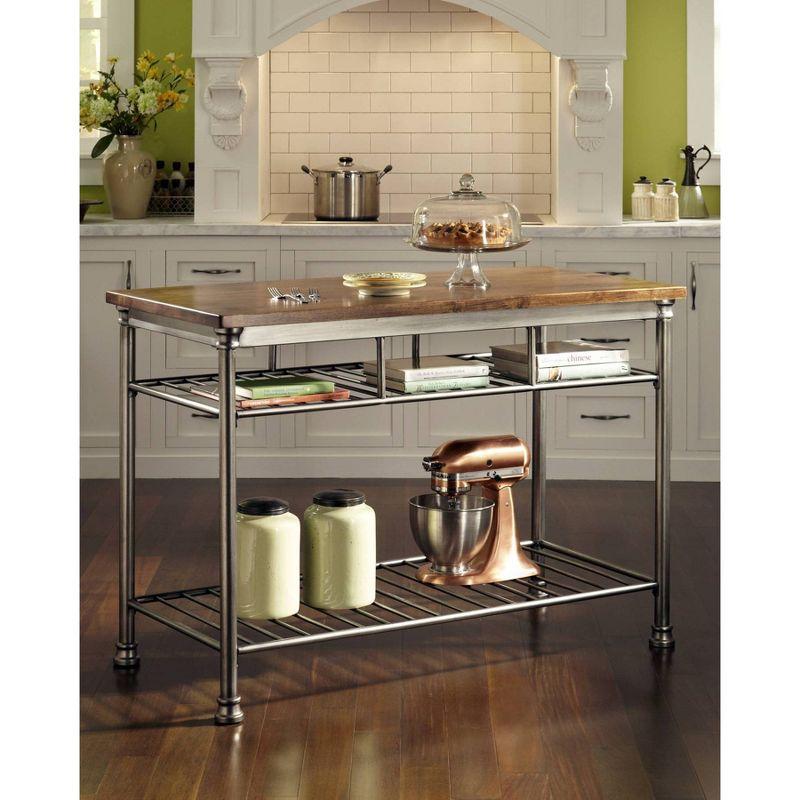 Orleans Kitchen Island: Homestyles Metal Frame, Wood Surface, 2 Shelves Storage Cart - Brown