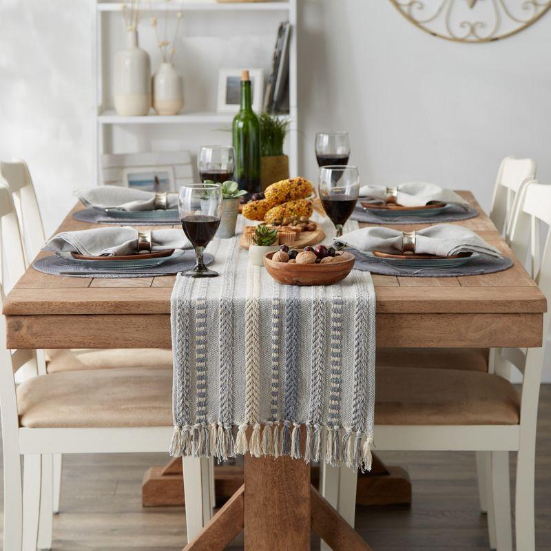 Design Imports  Braided Stripe Jacquard Fringe Table Runner, 15X72", Cool Gray
