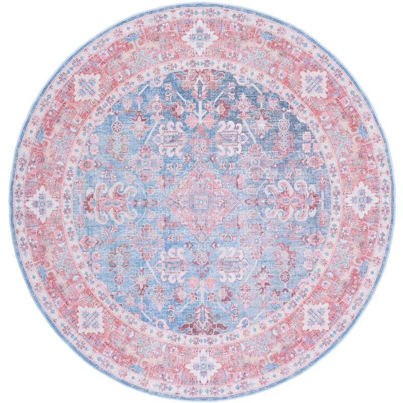 Round Blue and Rust Hand-Knotted Viscose Chenille Rug