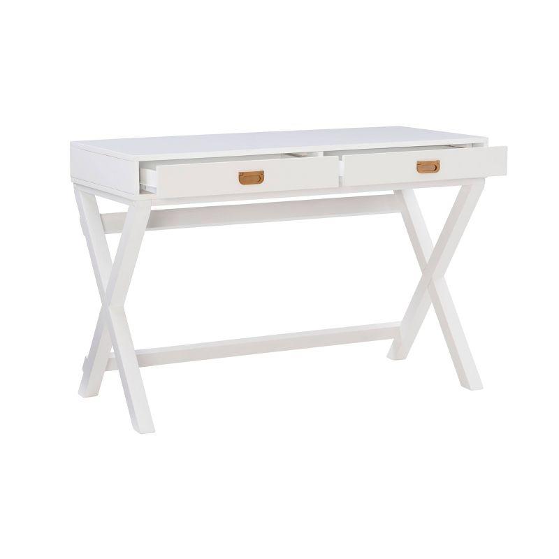 Elegant White Wood Campaign Desk with Rose Gold Accents and Drawers