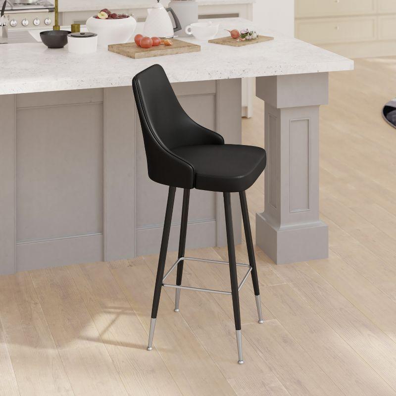 Emma and Oliver Set of Two Modern Bar Height Black Faux Leather Upholstered Dining Stools with Chrome Accented Metal Frames and Footrests