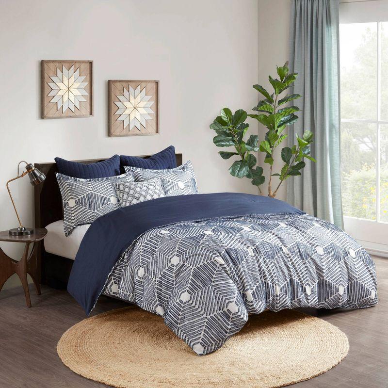 California King Navy Cotton Geometric Jacquard Duvet Cover Set