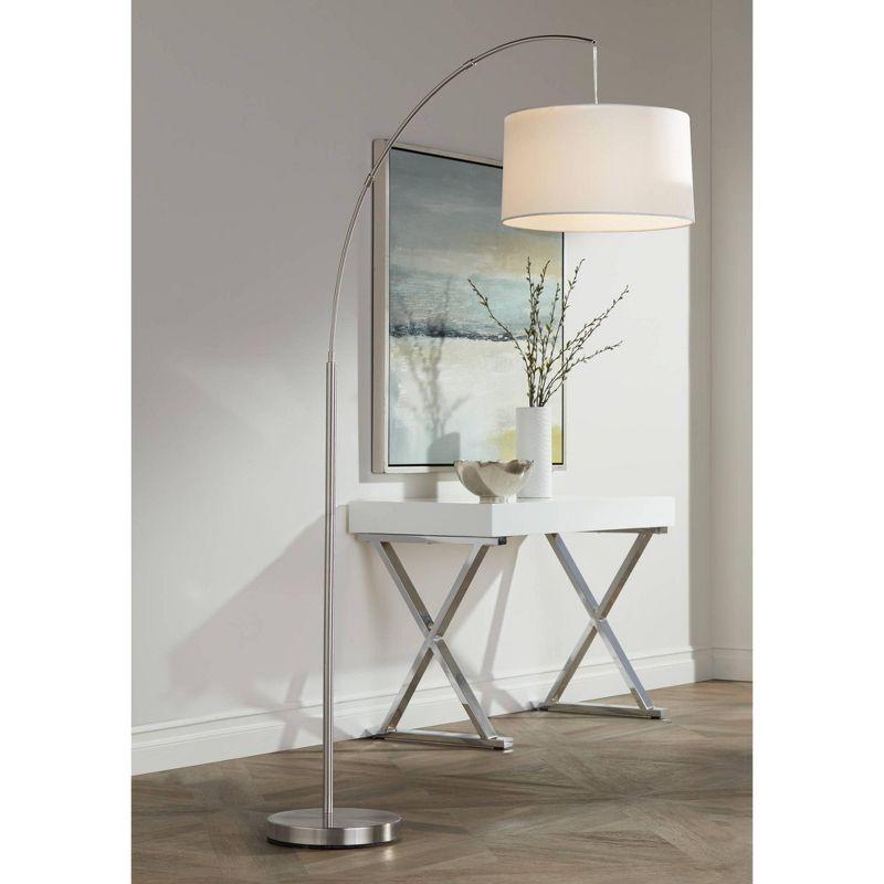 Modern Brushed Nickel Arc Floor Lamp with White Linen Shade