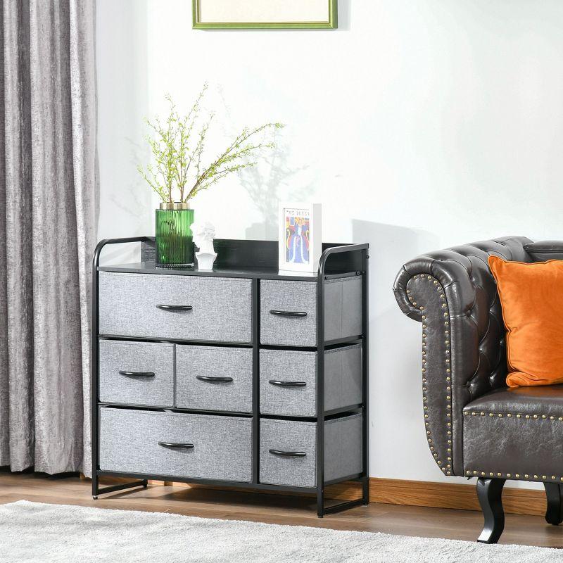 Gray Fabric 7-Drawer Dresser with Dark Wood Top and Steel Frame