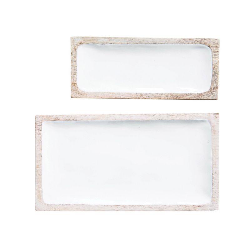 Set of 2 White Enameled Mango Wood Trays